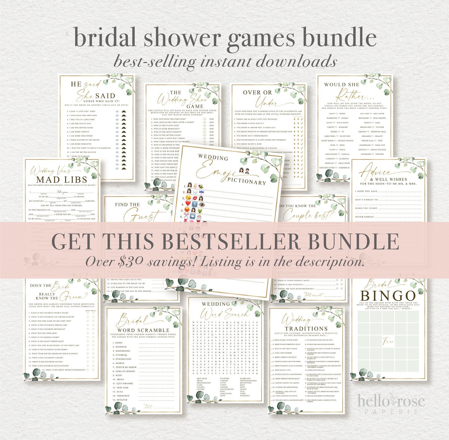 Wedding Traditions Bridal Shower Trivia Guessing Game . Greenery and Gold . Wedding Hens Bachelorette Party . Printable Instant Download G2