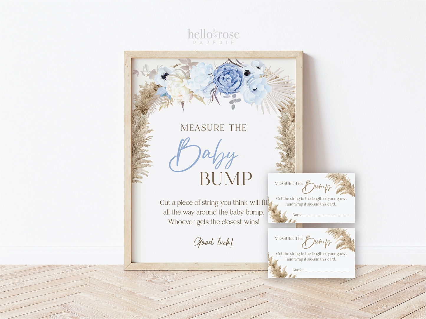 Measure the Baby Bump Baby Shower Game Sign + Cards . Boy Baby Shower . Boho Pampas Grass Blue Floral . 8x10 Sign Instant Download