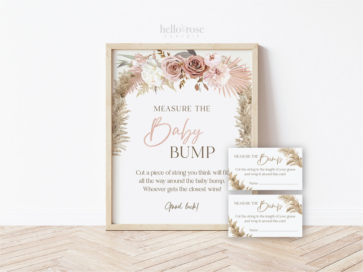 Measure the Baby Bump Baby Shower Game Sign + Cards . Girl Baby Shower . Boho Pampas Grass Pink Floral . 8x10 Sign Instant Download