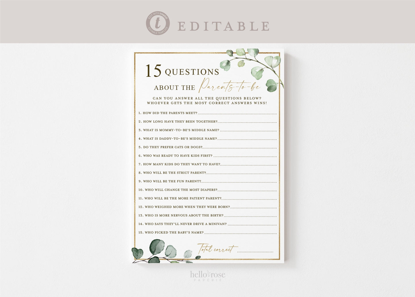 15 Questions About the Parents Printable Game . Gender Neutral Greenery Gold . PRINTABLE Editable Template . Instant Download Templett G2-T