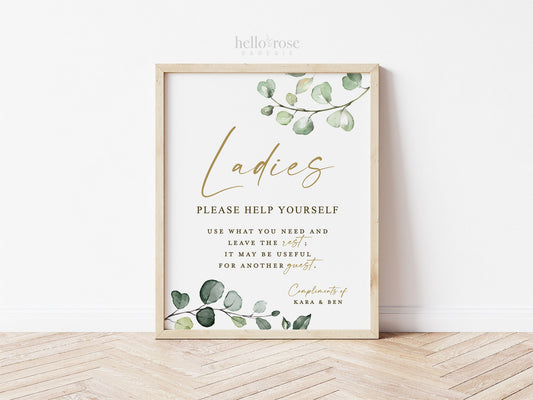 Personalized Wedding Bathroom Basket Printable Signs . Ladies and Gents Wedding Restroom Please Help Yourself . Greenery Gold . Download G2