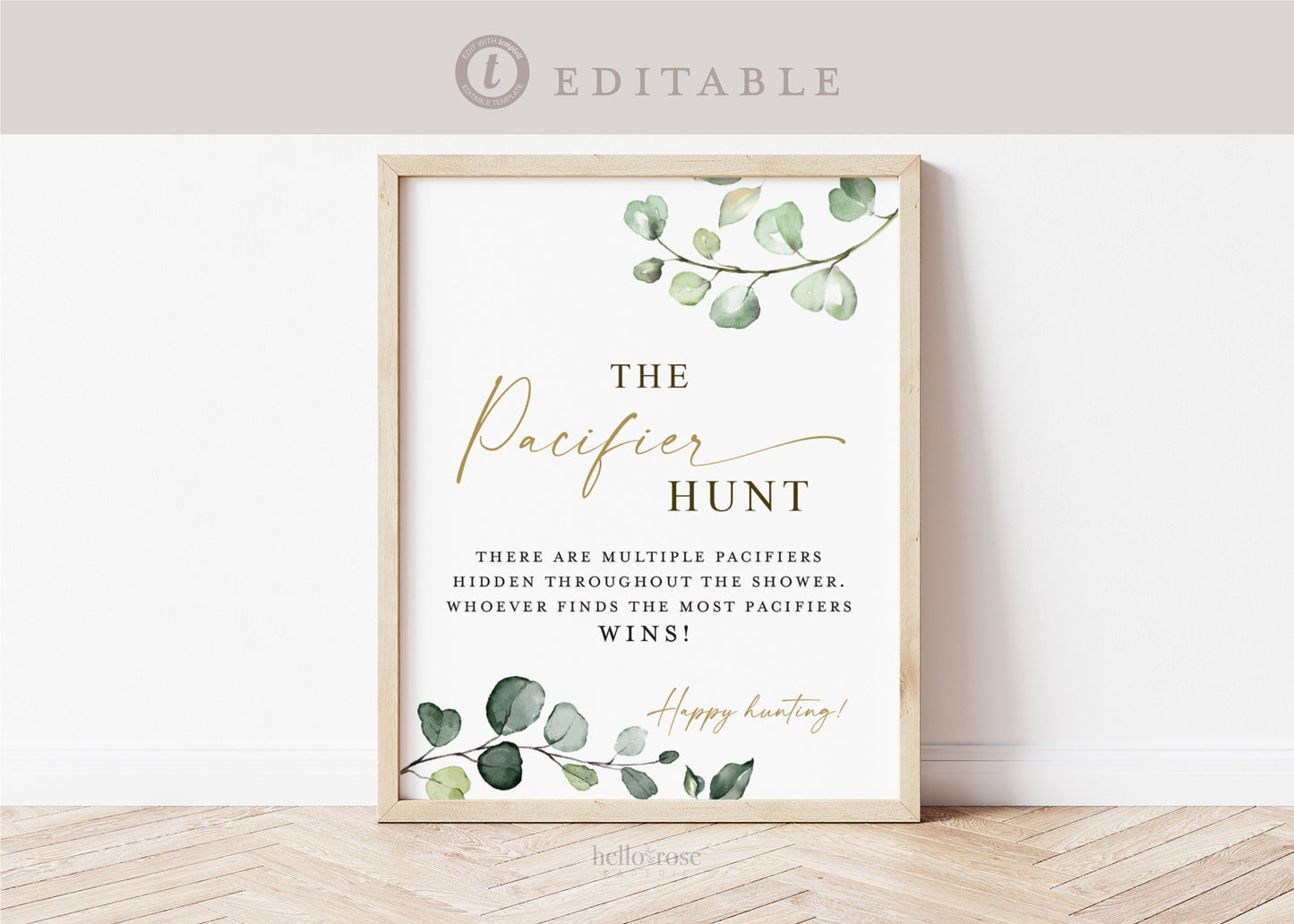 Pacifier Hunt Baby Shower Game Table Sign . Boy Girl Neutral . Greenery Gold . PRINTABLE Editable Template Instant Download Templett G2-T