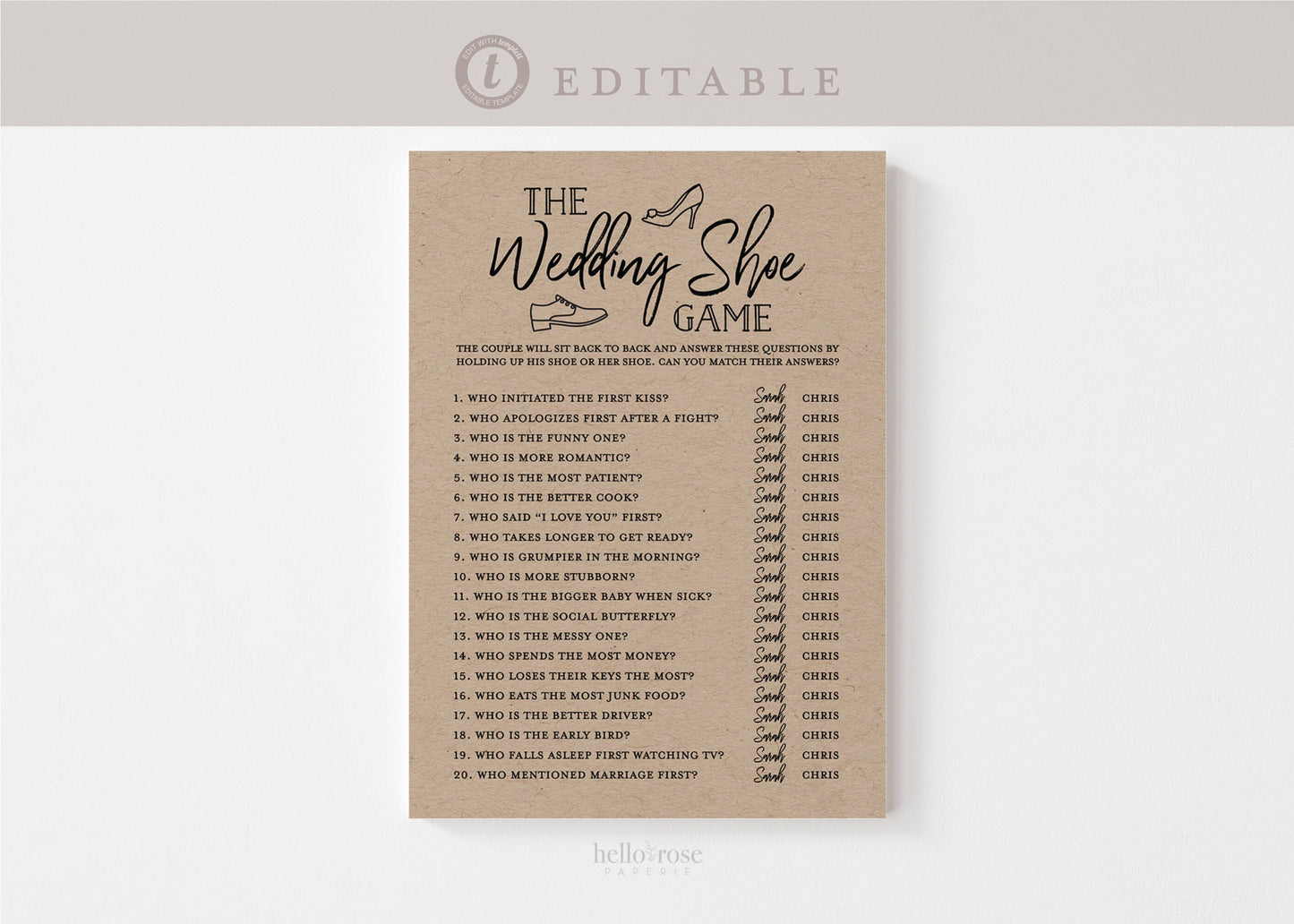 The Wedding Shoe Game . Wedding Bridal Shower Engagement Party Rehearsal Dinner . Kraft . PRINTABLE Editable Template Download Templett