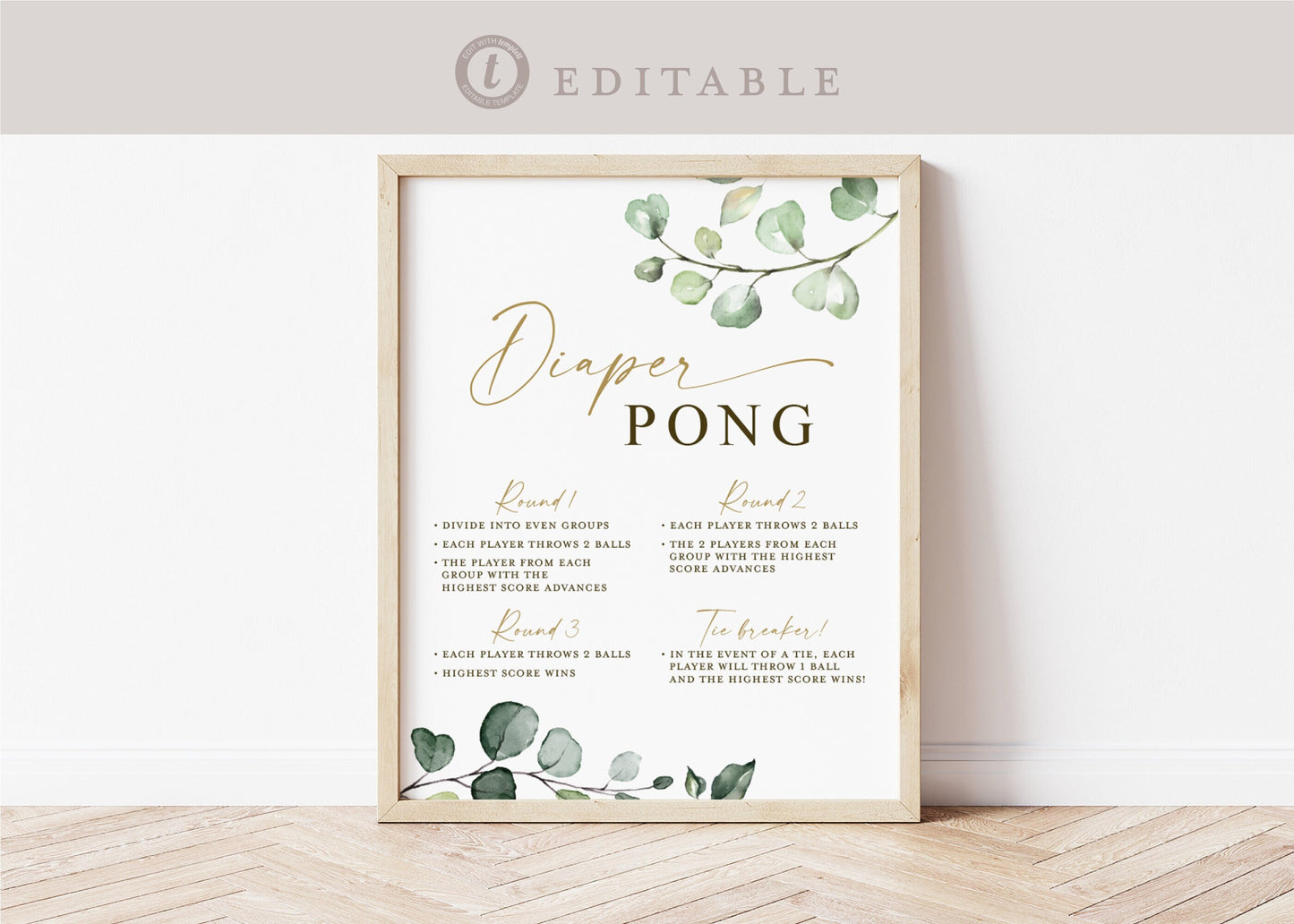 Diaper Pong Baby Shower Game Table Sign . Boy Girl Neutral . Greenery Gold . PRINTABLE Editable Template Instant Download Templett G2-T