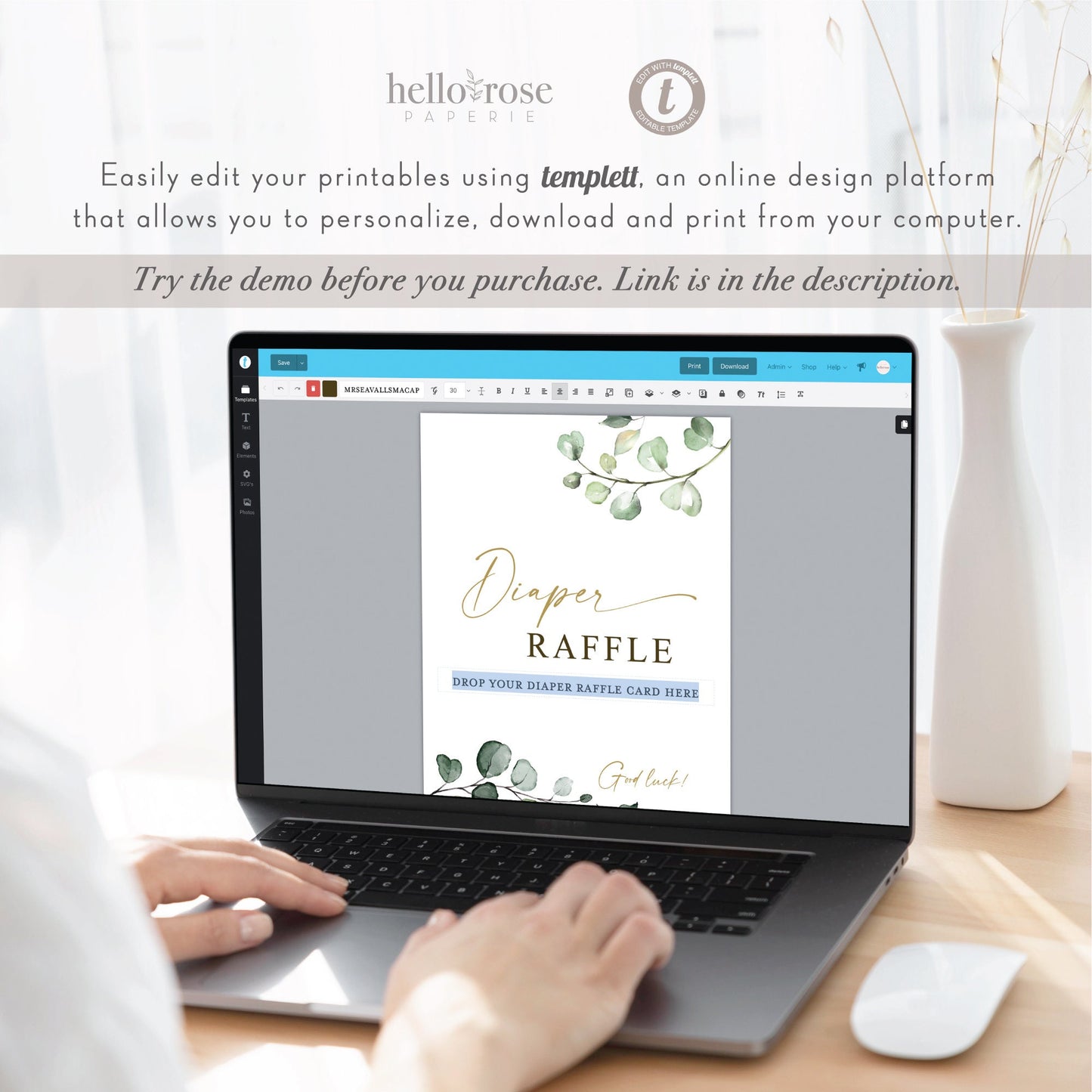 Diaper Raffle Sign + Cards. Baby Shower Game . Greenery + Gold . PRINTABLE Editable Template Instant Download Templett G2-T