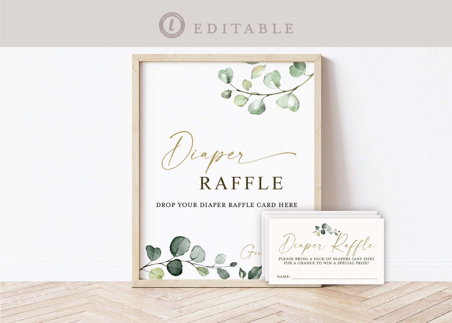 Diaper Raffle Sign + Cards. Baby Shower Game . Greenery + Gold . PRINTABLE Editable Template Instant Download Templett G2-T
