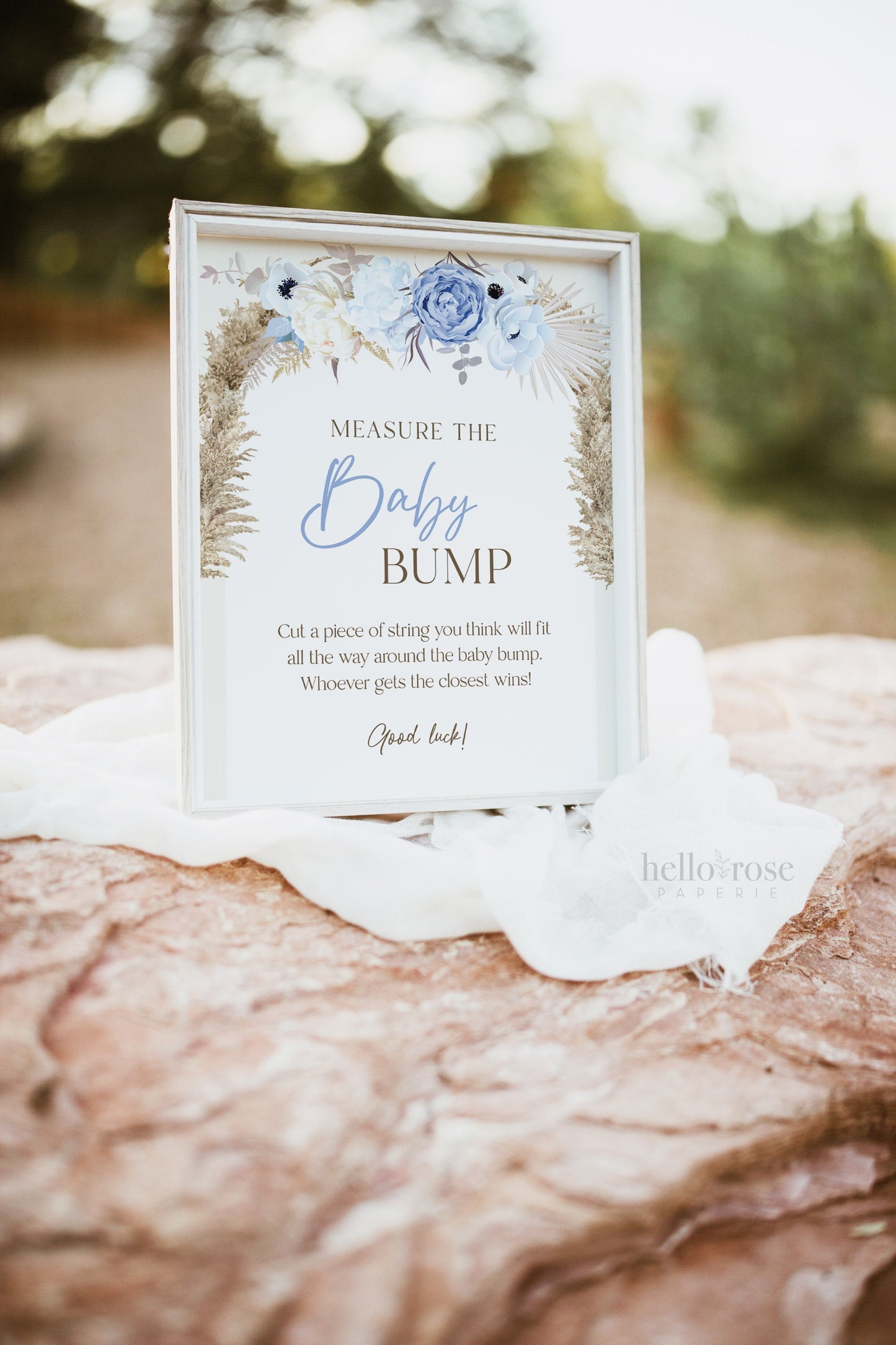 Measure the Baby Bump Baby Shower Game Sign + Cards . Boy Baby Shower . Boho Pampas Grass Blue Floral . 8x10 Sign Instant Download