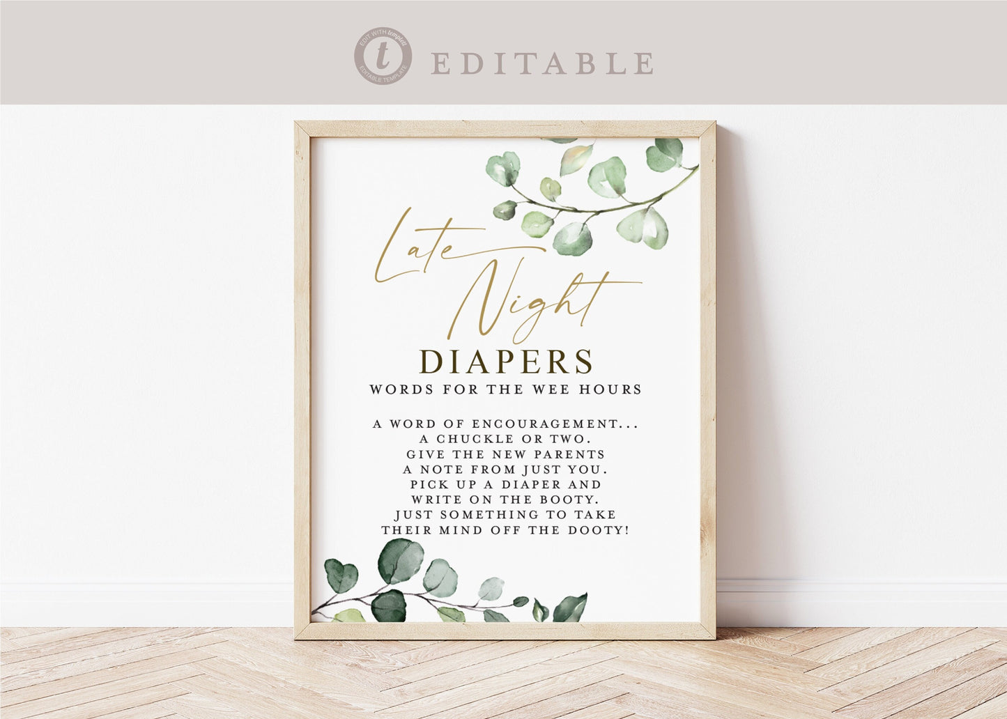 Late Night Diapers Baby Shower Game Sign 8x10 . Gender Neutral . Greenery Gold . PRINTABLE Editable Template Instant Download Templett G2-T