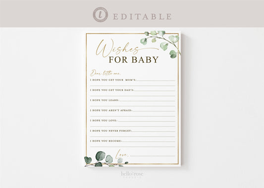 Wishes for Baby Personalized Printable Game . Gender Neutral Greenery + Gold . PRINTABLE Editable Template . Instant Download Templett G2-T
