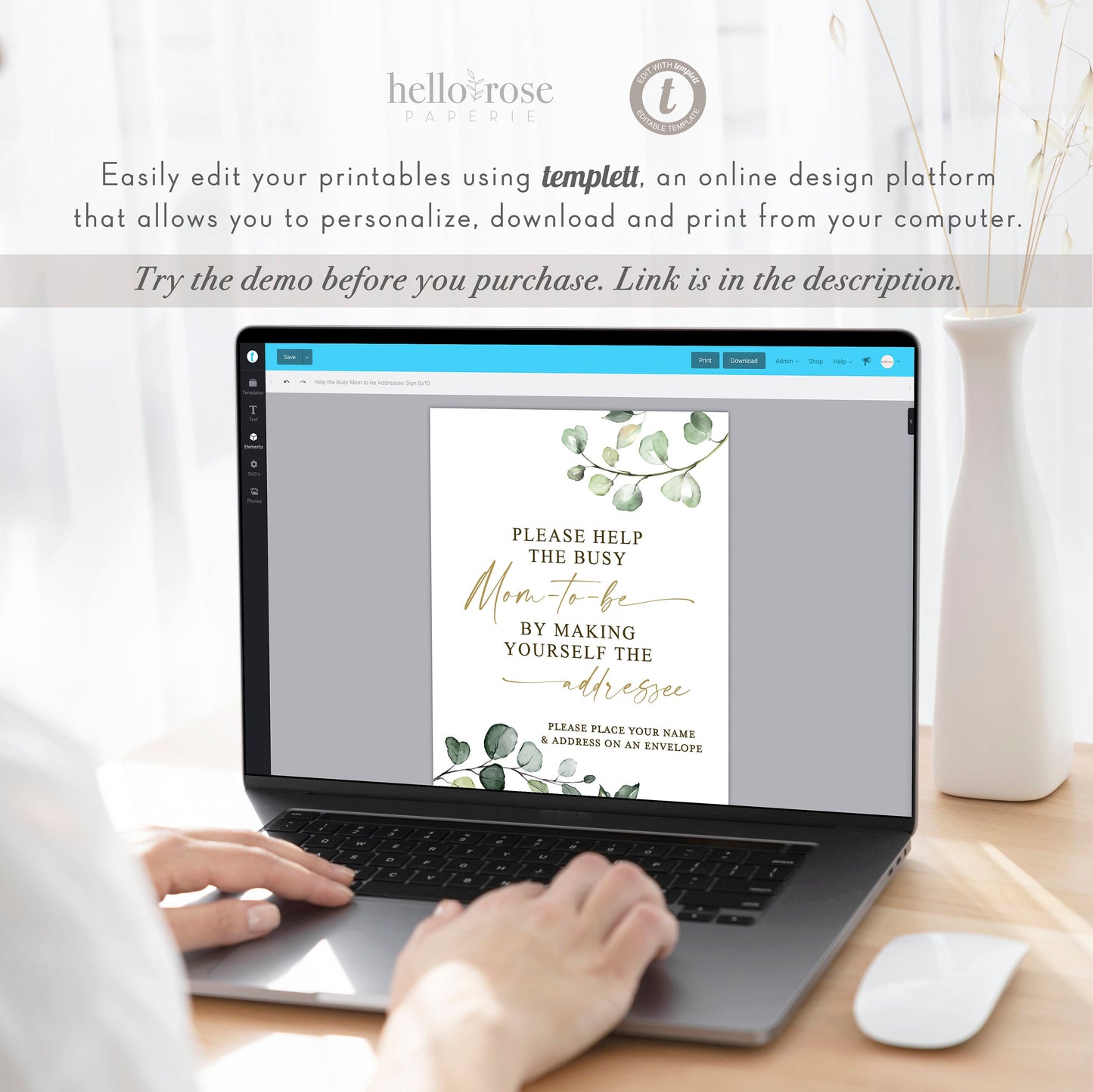 Help the Busy Mom to Be Addressee Sign Printable Template . Greenery + Gold . Baby Shower Thank You Cards . Instant Download Templett G2-T