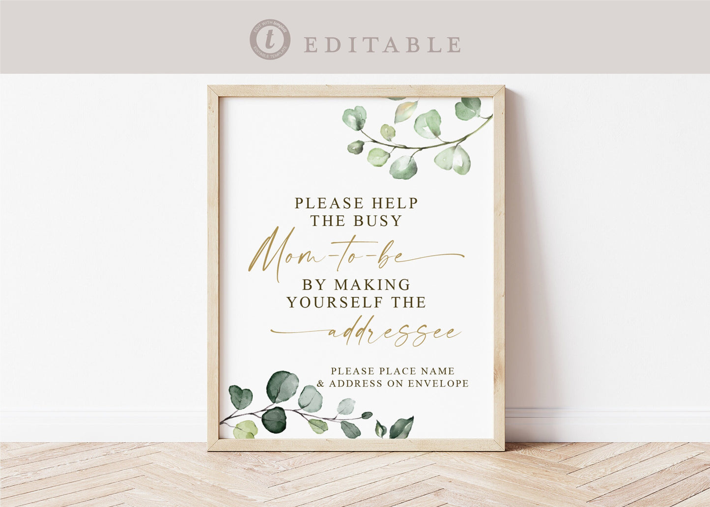 Help the Busy Mom to Be Addressee Sign Printable Template . Greenery + Gold . Baby Shower Thank You Cards . Instant Download Templett G2-T