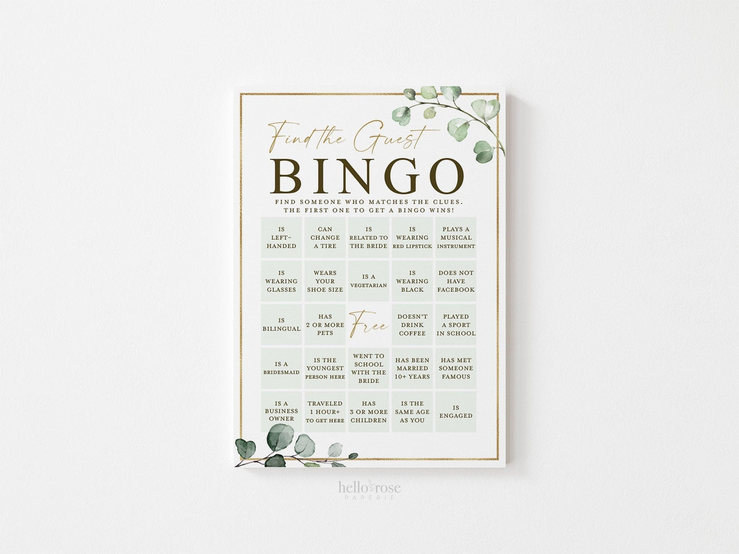 Find the Guest Bingo Bridal Shower Printable Game . Greenery and Gold . Fun Boho Rustic Game . Hens Bachelorette Party . Instant Download G2
