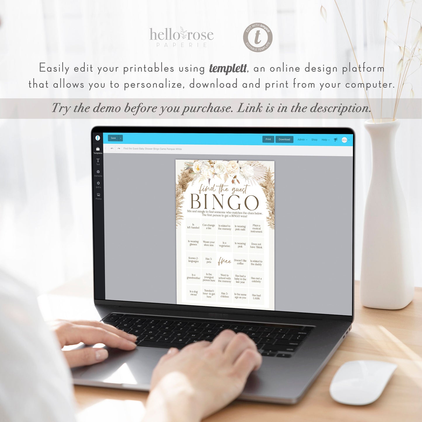Find the Guest Bingo Baby Shower Game . White Floral Boho Pampas Girl Boy Neutral Baby Shower PRINTABLE Editable Template Download Templett