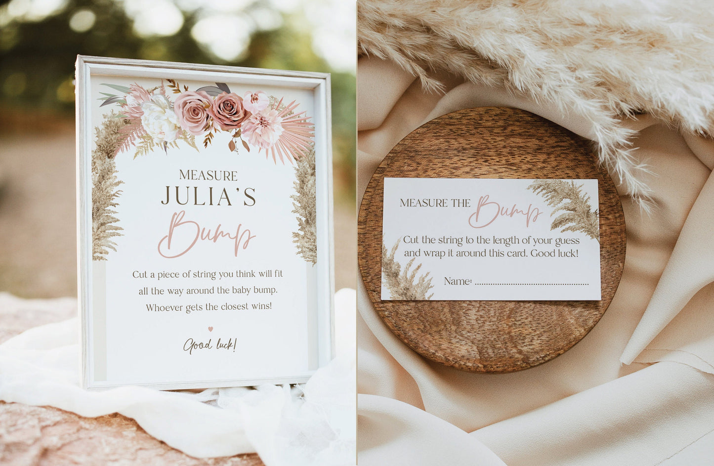 Measure the Bump Personalized Boho Baby Shower Game . Pink Floral Pampas Girl Baby Shower . PRINTABLE Editable Template . Download Templett
