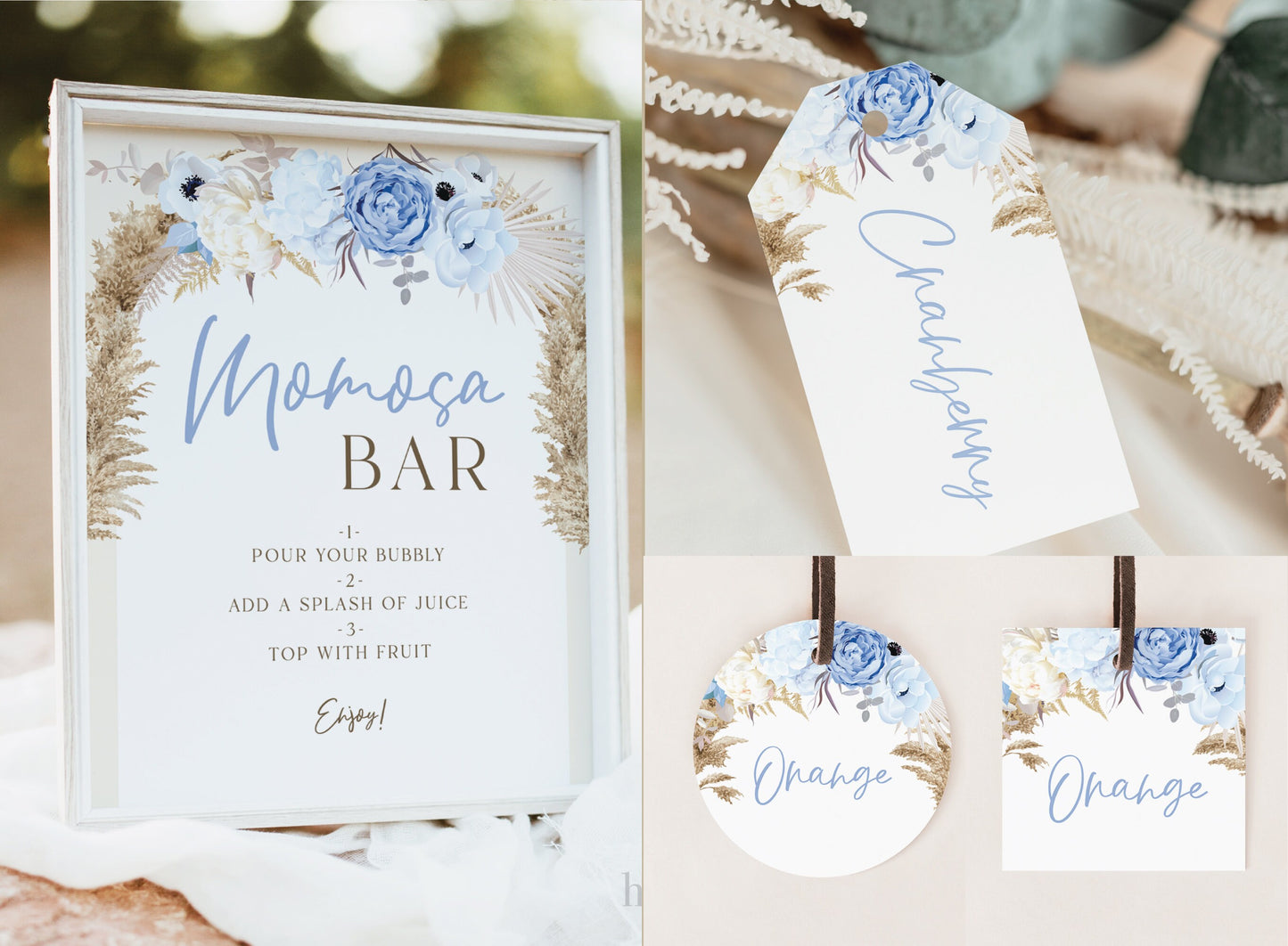 MOMosa Bar Sign + Mimosa Tags Template . Baby Shower Mimosa . Pampas Blue Floral . PRINTABLE Editable Template . Instant Download Templett
