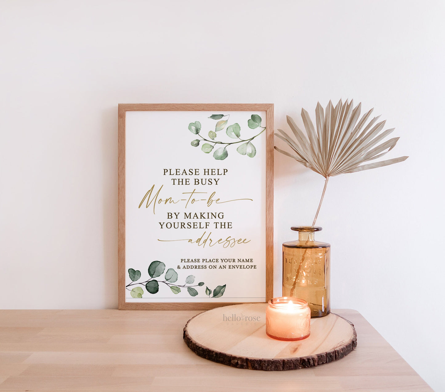 Help the Busy Mom to Be Addressee Sign Printable Template . Greenery + Gold . Baby Shower Thank You Cards . Instant Download Templett G2-T