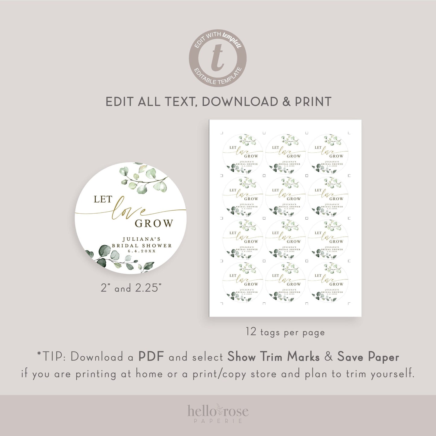 Let Love Grow Bridal Shower Wedding Succulent Favor Tags . Personalized Editable Template Greenery . PRINTABLE Templett Instant Download G-2