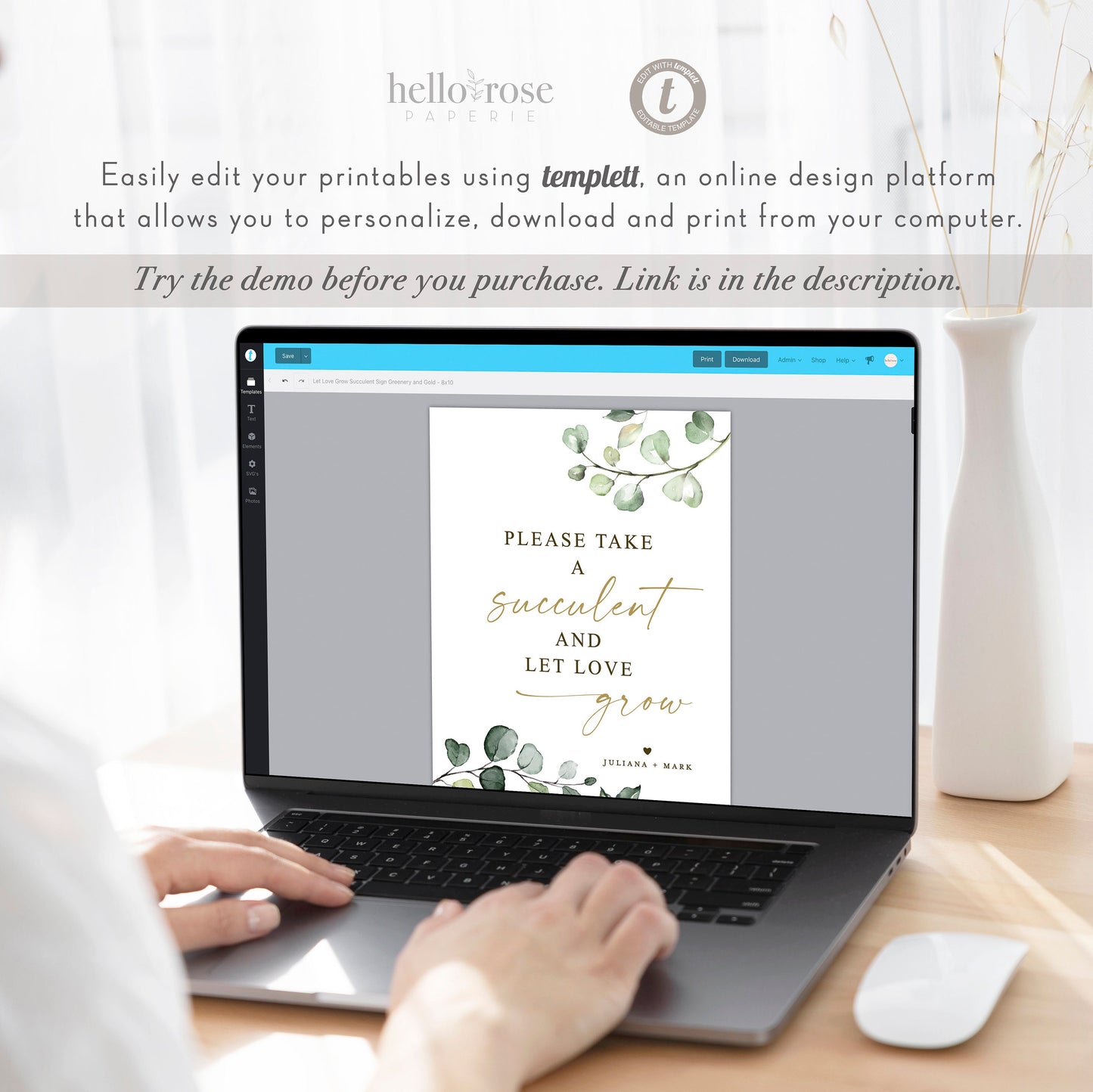 Let Love Grow Please Take a Succulent Sign . Greenery Gold . Bridal Shower Wedding . Editable Printable Template Instant Download Templett
