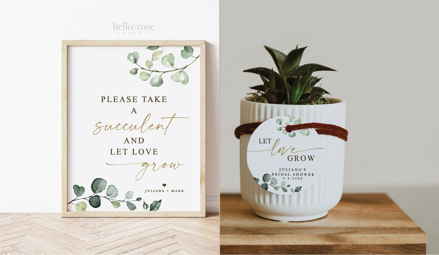 Let Love Grow Please Take a Succulent Sign . Greenery Gold . Bridal Shower Wedding . Editable Printable Template Instant Download Templett