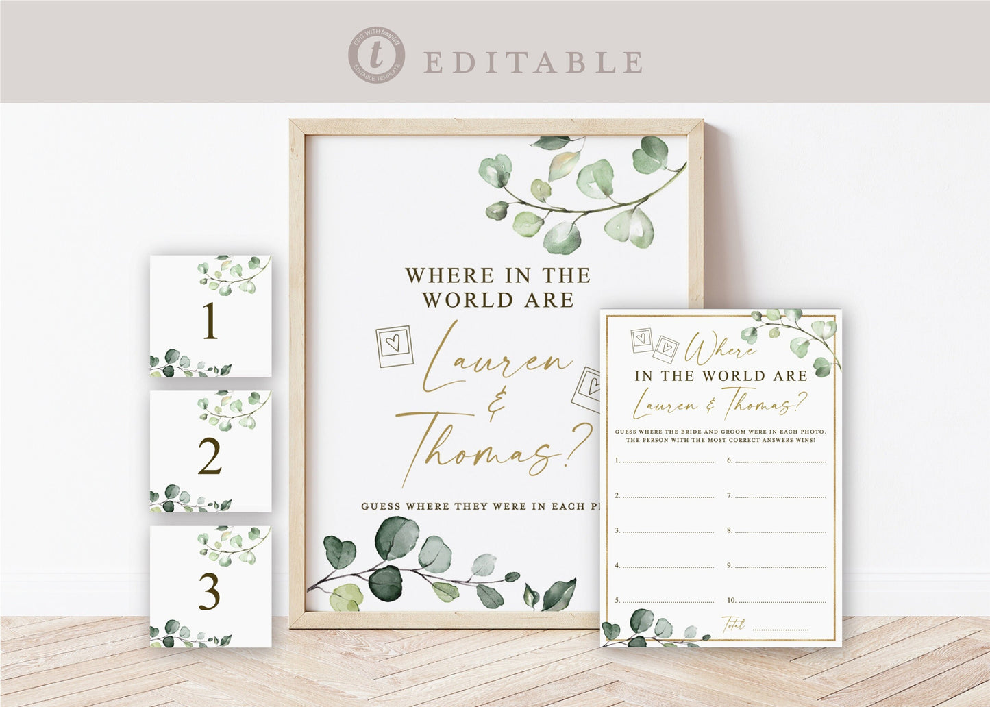 Where in the World Are They Bridal Couples Shower Game . Greenery + Gold . PRINTABLE Editable Template . Instant Download Templett G2-T