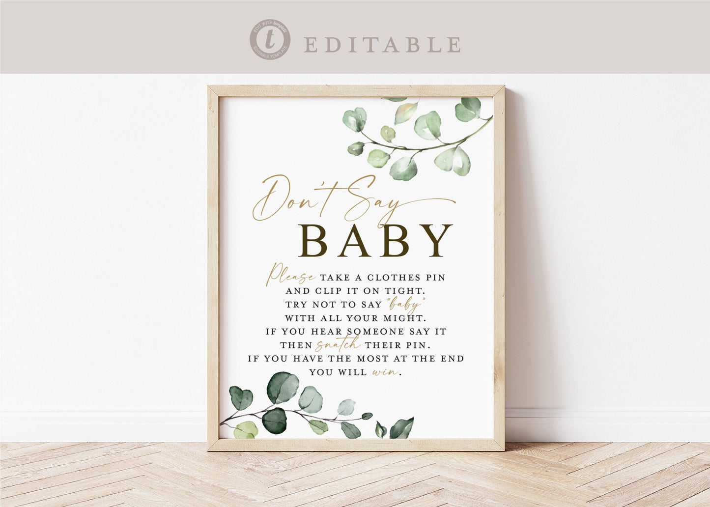 Don't Say Baby Game Table Sign . Boy Girl Neutral Baby Shower . Greenery Gold . PRINTABLE Editable Template Instant Download Templett G2-T