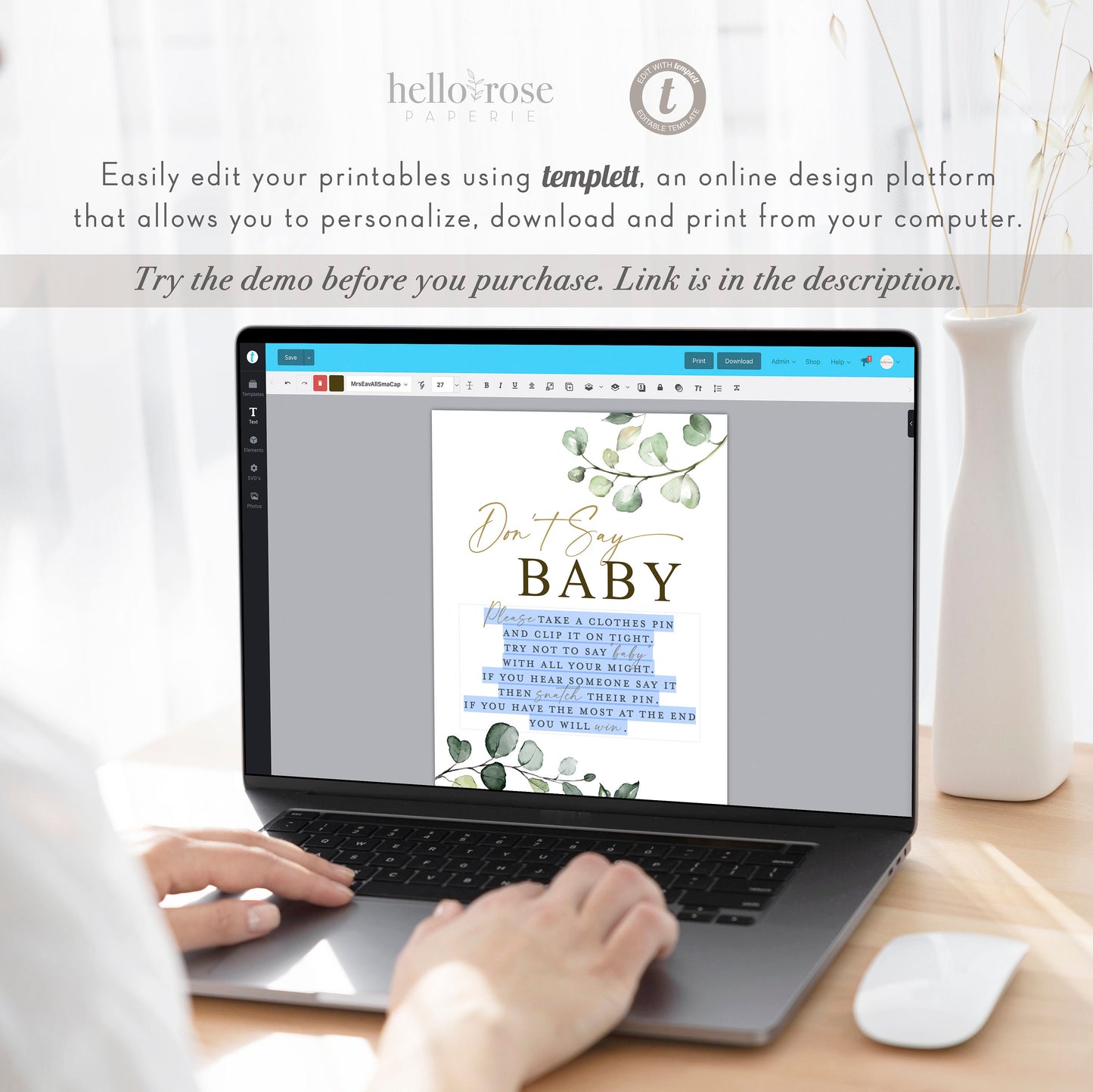 Don't Say Baby Game Table Sign . Boy Girl Neutral Baby Shower . Greenery Gold . PRINTABLE Editable Template Instant Download Templett G2-T