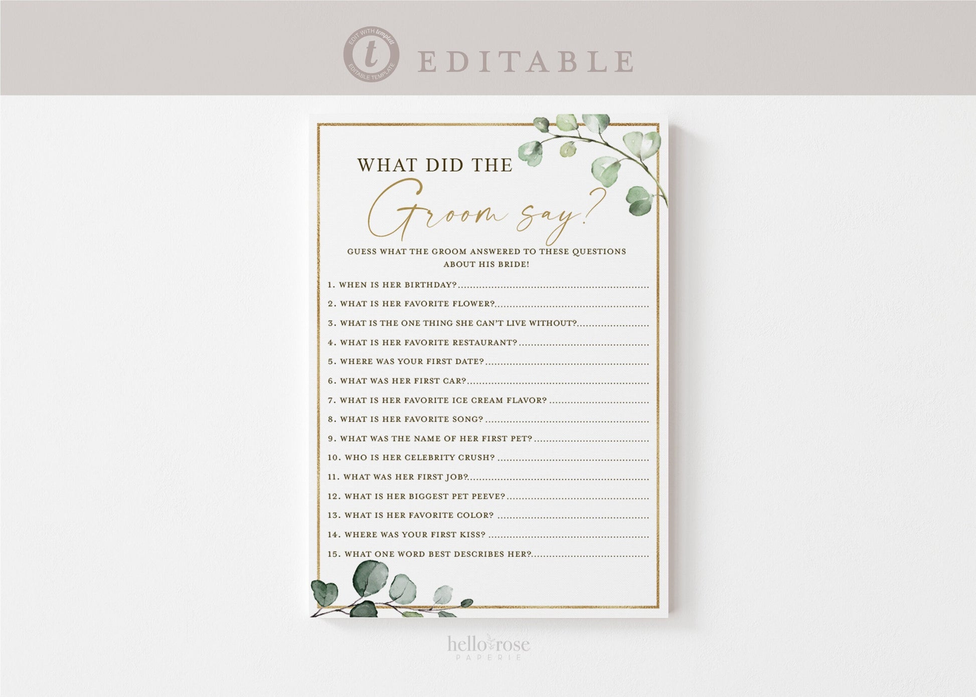 What Did the Groom Say About the Bride Personalized Bridal Shower Game . Greenery PRINTABLE Editable Template Instant Download Templett G2-T
