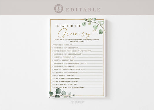 What Did the Groom Say About the Bride Personalized Bridal Shower Game . Greenery PRINTABLE Editable Template Instant Download Templett G2-T