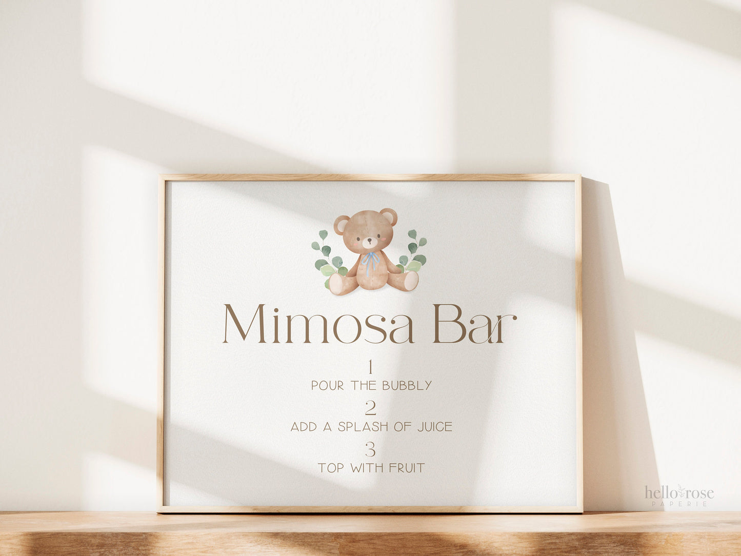 Mimosa Bar PRINTABLE Sign . Teddy Bear Blue Boy . Baby Shower Brunch Sip and See . Greenery . We Can Bearly Wait . DIGITAL DOWNLOAD 8x10