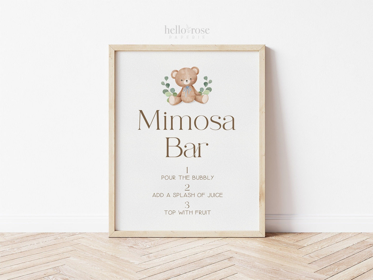 Mimosa Bar PRINTABLE Sign . Teddy Bear Blue Boy . Baby Shower Brunch Sip and See . Greenery . We Can Bearly Wait . DIGITAL DOWNLOAD 8x10
