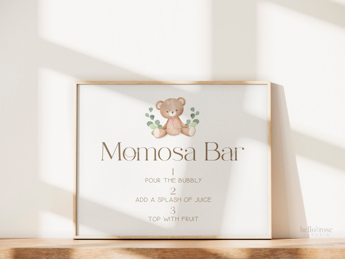 Momosa Bar PRINTABLE Sign . Teddy Bear Pink Girl . Baby Shower Brunch Sip and See . Greenery . We Can Bearly Wait . DIGITAL DOWNLOAD 8x10