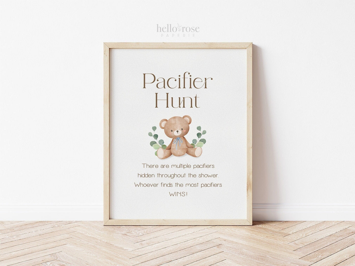 Pacifier Hunt Teddy Bear Printable Game Sign . Baby Shower Boy Blue . We Can Bearly Wait. Bear with Greenery . 8x10 Instant Download