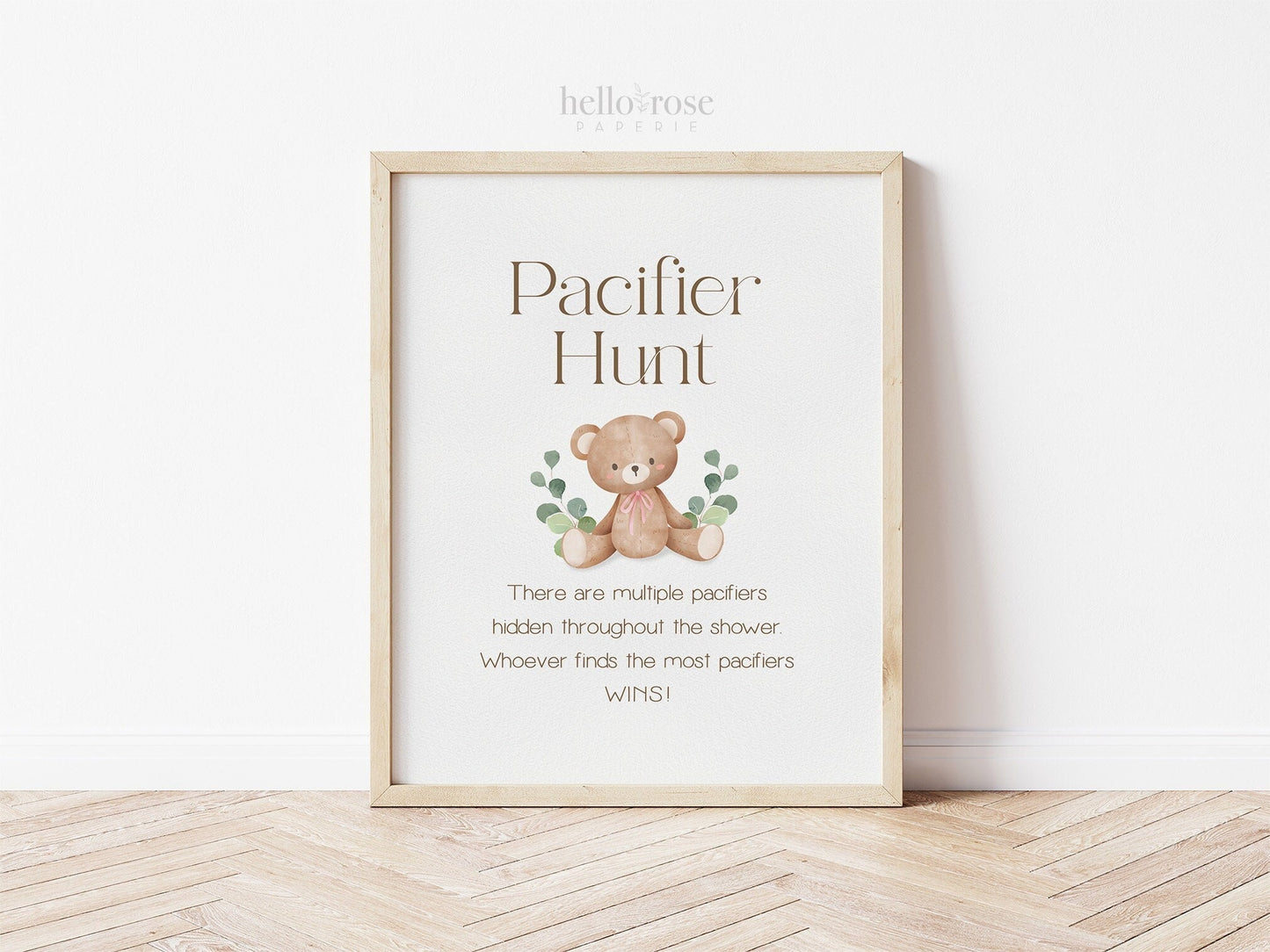 Pacifier Hunt Teddy Bear Printable Game Sign . Baby Shower Girl Pink . We Can Bearly Wait. Bear with Greenery . 8x10 Instant Download