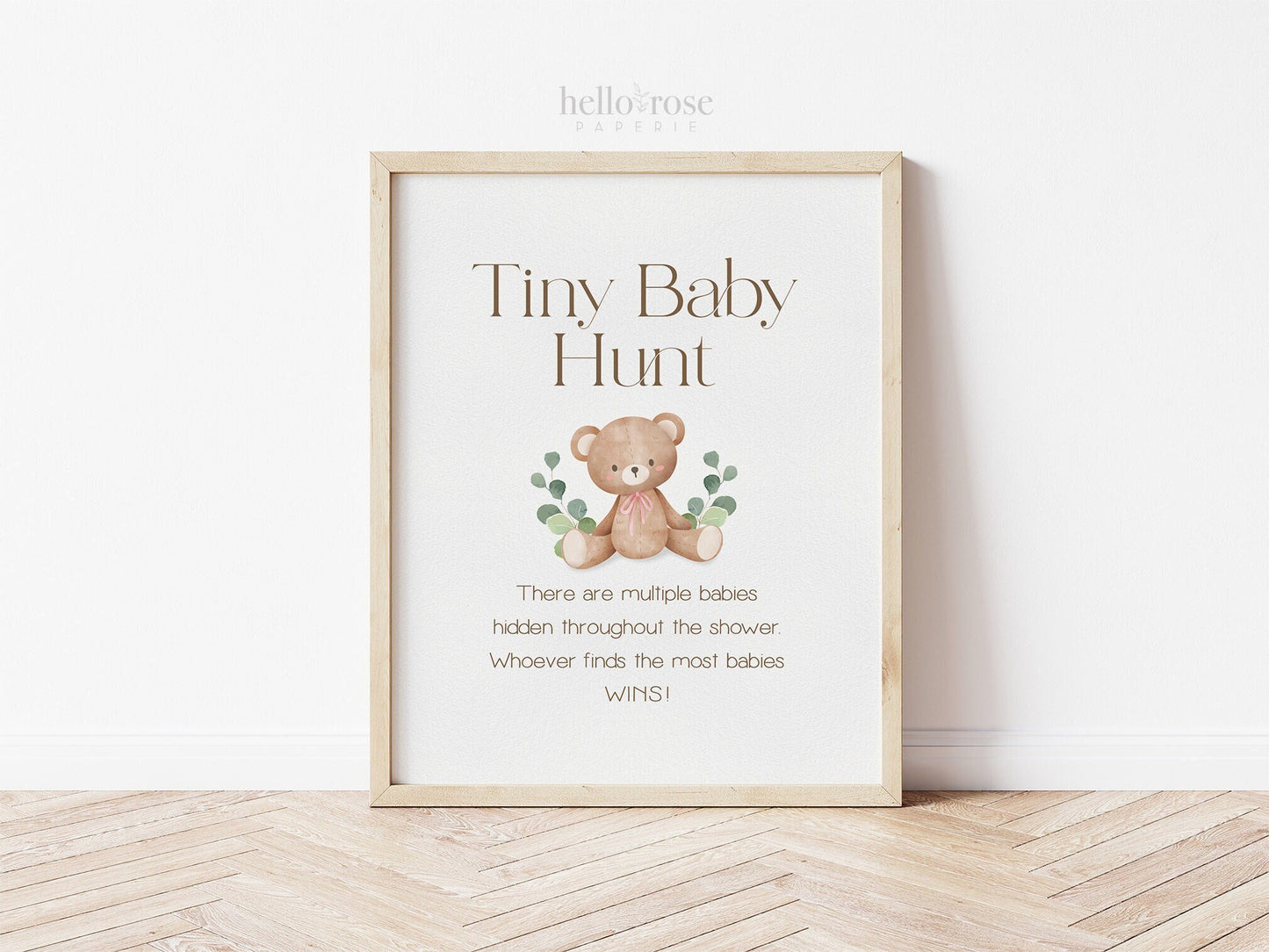 Tiny Baby Hunt Teddy Bear Printable Game Sign . Baby Shower Girl Pink . We Can Bearly Wait. Bear with Greenery . 8x10 Instant Download