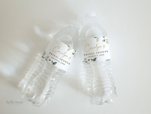 PRINTABLE Water Bottle Labels Personalized . Bridal Shower Couples Shower Wedding Engagement Party . Greenery + Gold . Digital Download PDF