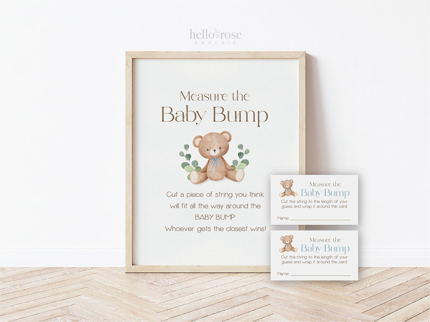 Measure the Baby Bump Teddy Bear Printable Game Sign + Cards . Baby Shower Boy Blue . We Can Bearly Wait. Greenery . 8x10 Instant Download
