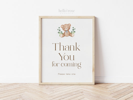 Thank You for Coming Teddy Bear Printable Sign . Baby Shower Blue Boy . We Can Bearly Wait . Brown Bear Greenery . 8x10 Instant Download
