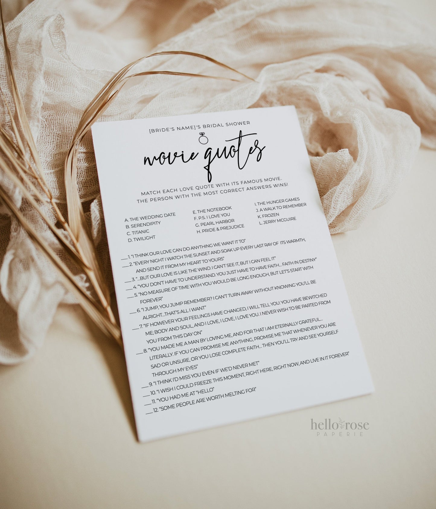 Romantic Movie Quotes Bridal Shower Game . Bachelorette Hens . Minimalist PRINTABLE Editable Template . Instant Download Templett M2-T