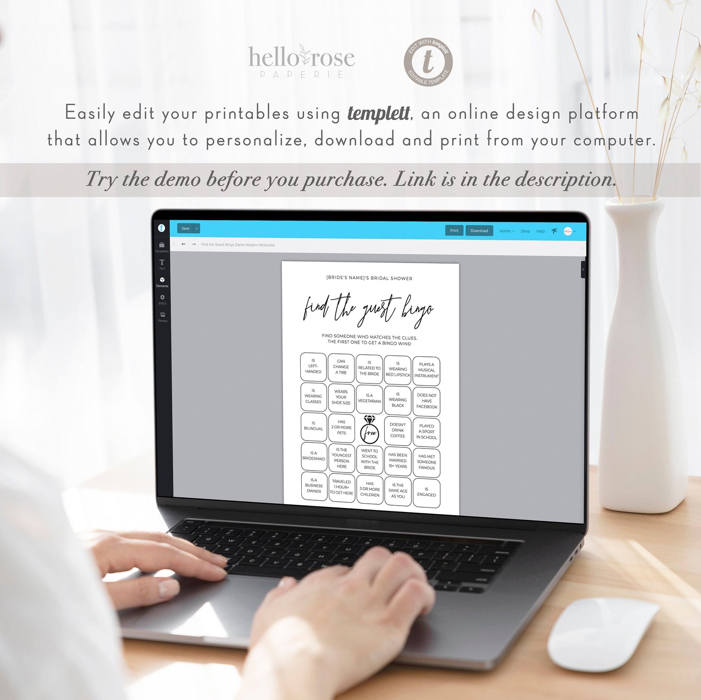 Find the Guest Bingo Editable Game . Bridal Shower Icebreaker Game . Minimalist PRINTABLE Editable Template . Instant Download Templett M2-T
