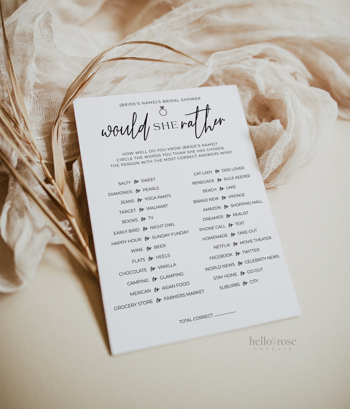 Would She Rather Personalized Bridal Shower Bachelorette Hens Game . Minimalist PRINTABLE Editable Template . Instant Download Templett M2-T