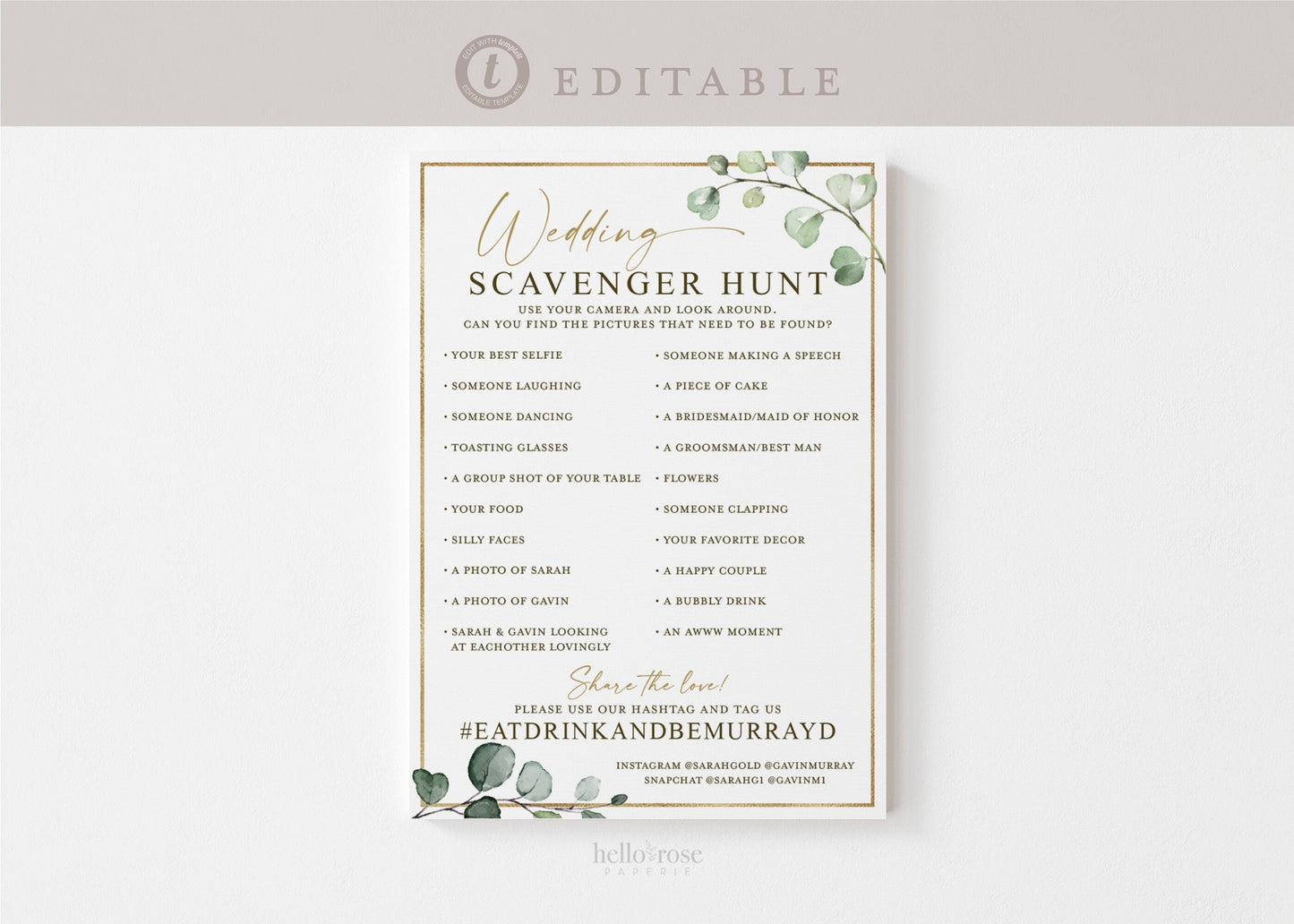 Wedding Scavenger Hunt Game . Personalized Reception Games . Greenery + Gold . PRINTABLE Editable Template Instant Download Templett G2-T