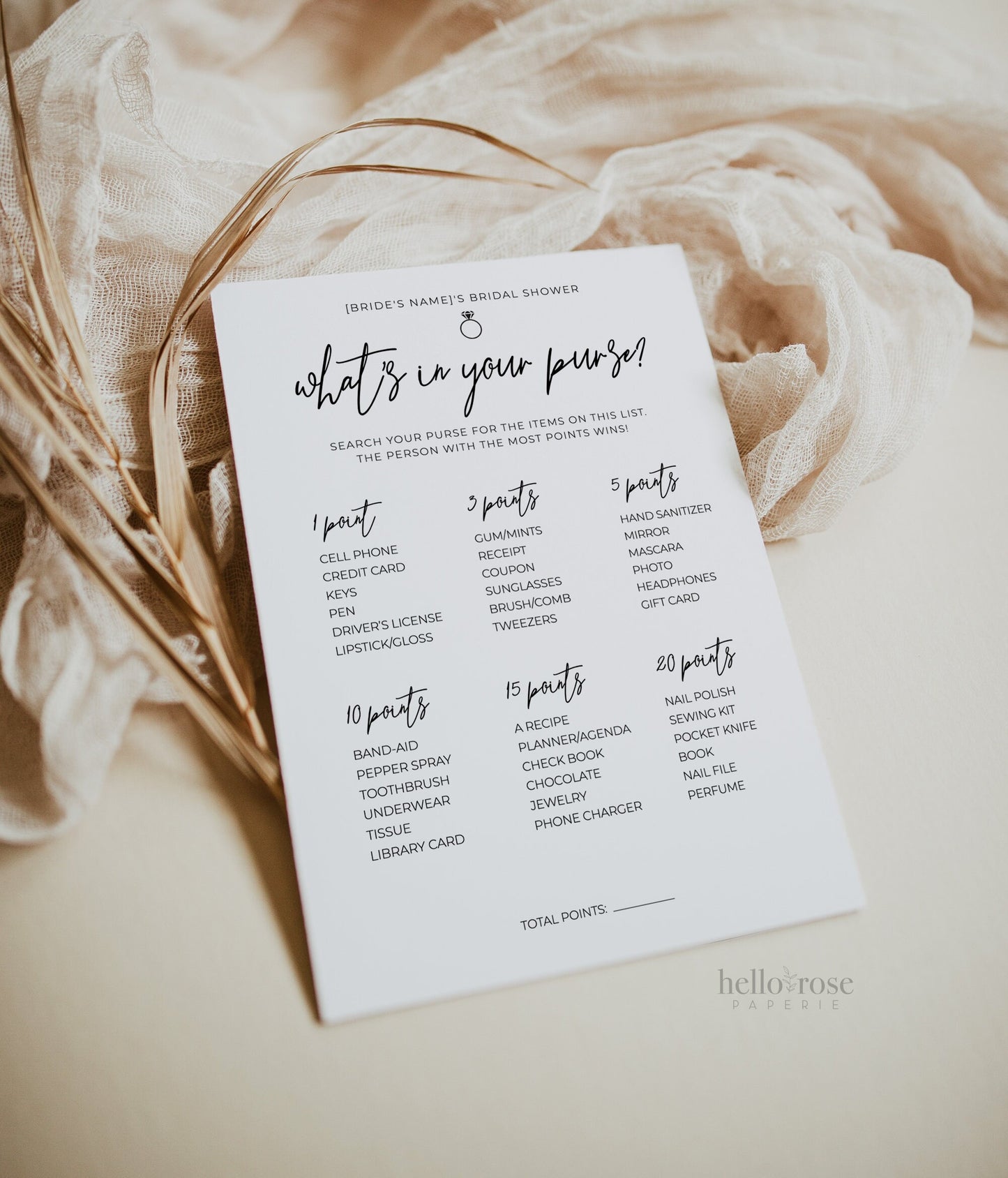 What's in Your Purse Personalized Bridal Shower Bachelorette Hens Game . Minimalist PRINTABLE Editable Template . Download Templett M2-T