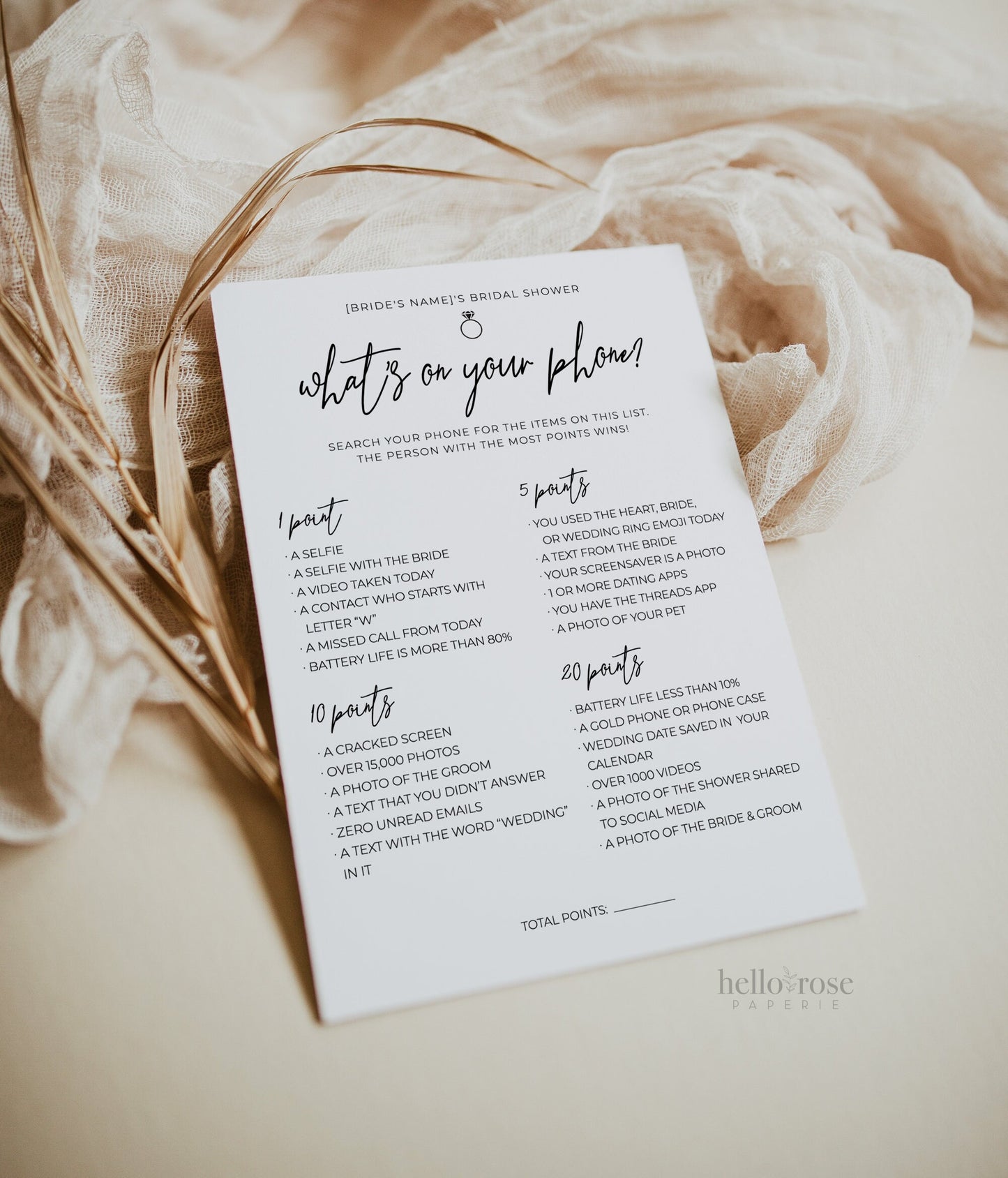 What's on Your Phone Personalized Bridal Shower Bachelorette Hens Game . Minimalist PRINTABLE Editable Template . Download Templett M2-T