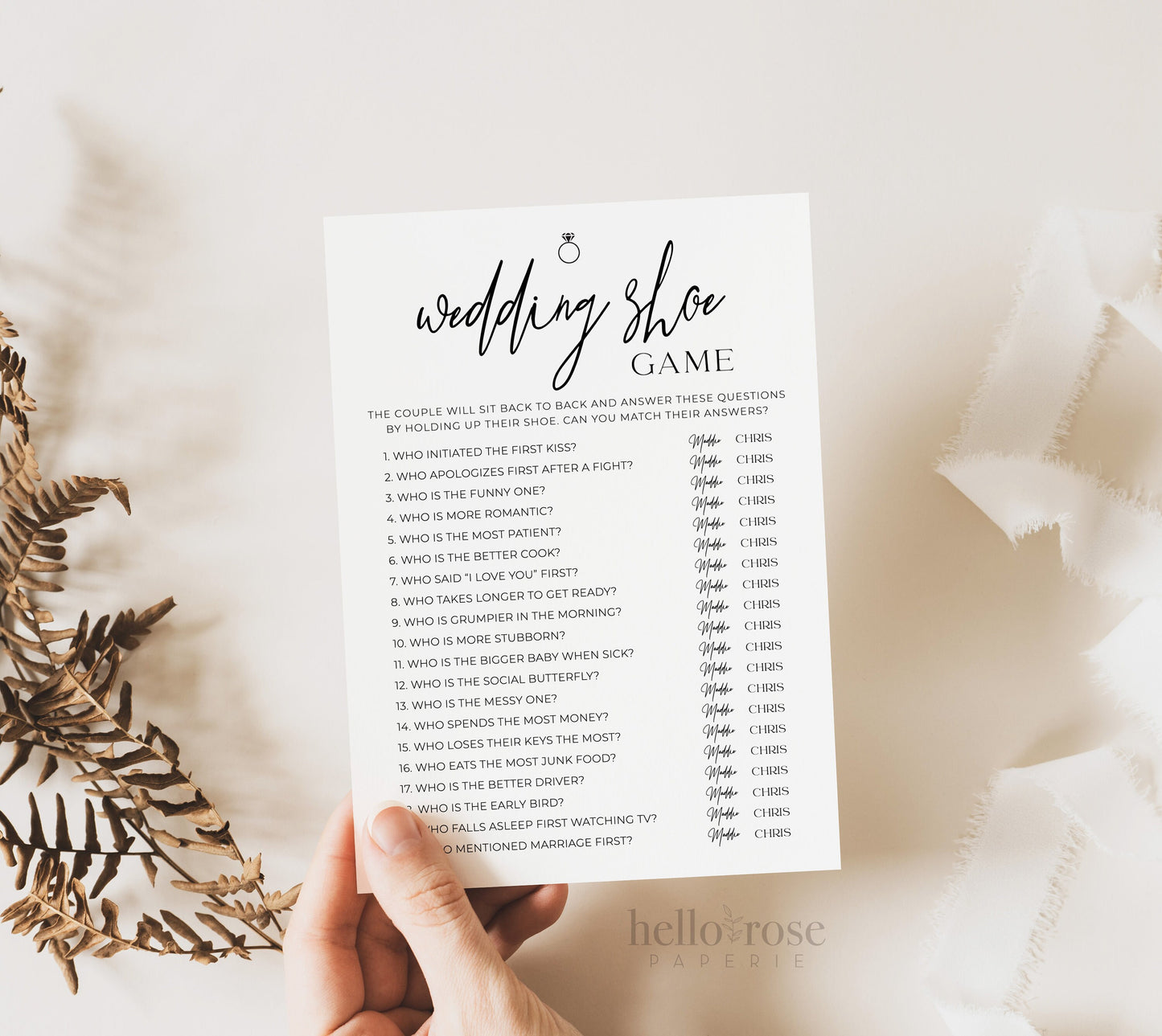 The Wedding Shoe Game Template . Couples Shower Wedding Rehearsal Dinner Game . Minimalist PRINTABLE Editable Instant Download Templett M2-T