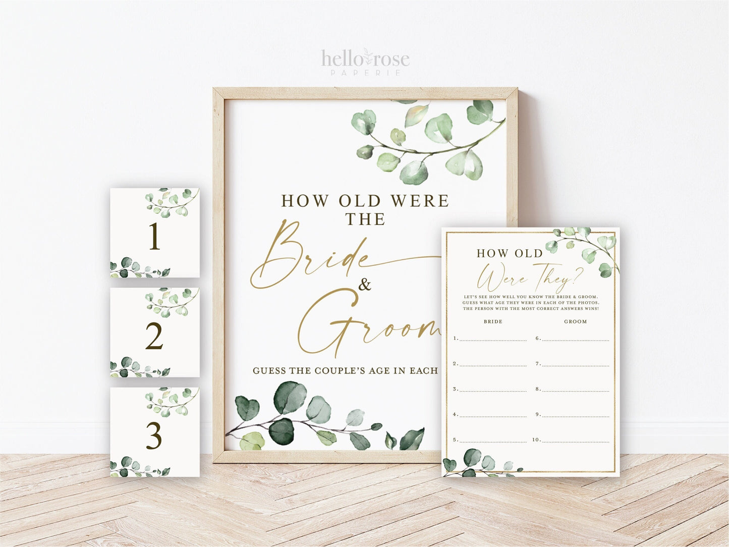 How Old Were They . Bride and Groom Age Game Guess Cards + Sign Printable . Greenery + Gold . Bridal Shower Bachelorette Party . Download G2