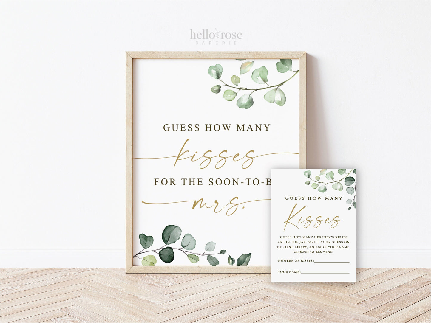 Guess How Many Kisses for the Soon-to-be Mrs Cards and Sign Printable . Greenery and Gold . Bridal Shower . Instant Digital Download G2