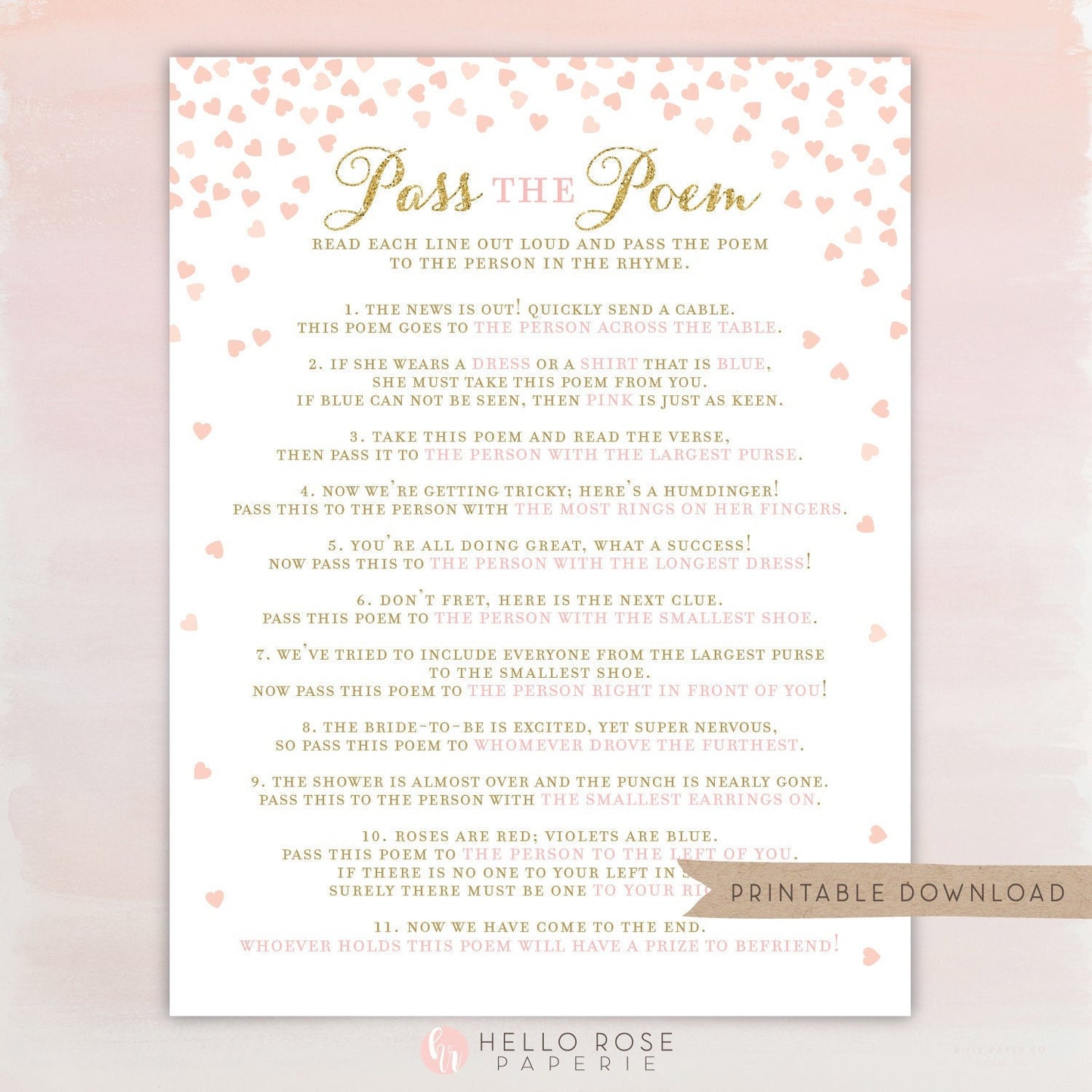 Pass the Poem Bridal Shower Game Printable 8x10 . Pass Along Gift Passing Poem . Wedding Bachelorette Hens Party Game . Instant Download