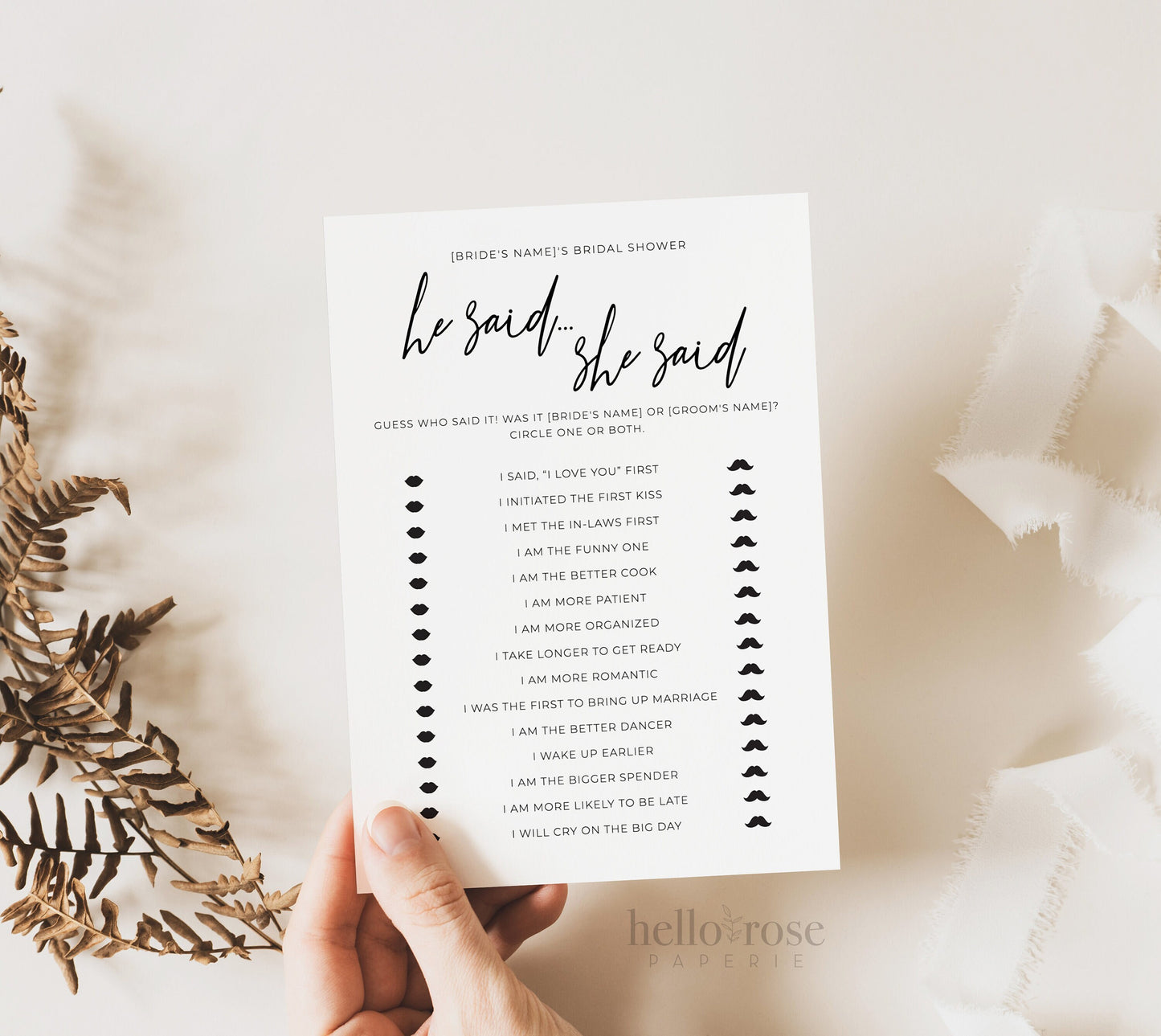 He Said She Said Who Said It Bridal Shower Bachelorette Hens Game . Minimalist PRINTABLE Editable Template . Instant Download Templett M2-T