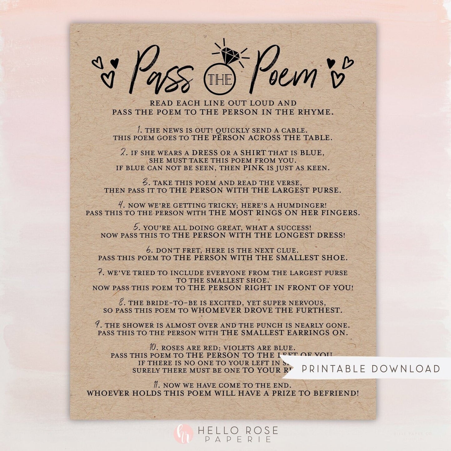 Pass the Poem Bridal Shower Printable Game . Bachelorette Hens Party . Wedding . Kraft + Minimalist Black & White . Instant Download PDF K4