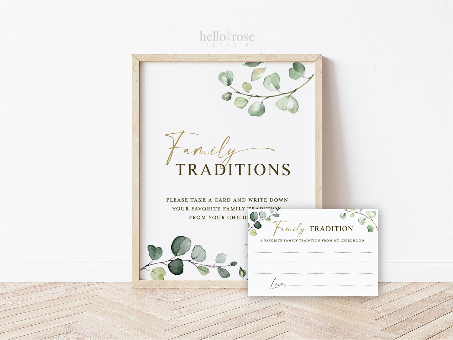 Family Traditions Cards and Sign Printable . Baby Shower . Greenery + Gold . Share a Favorite Family Childhood Memory . Instant Download G2